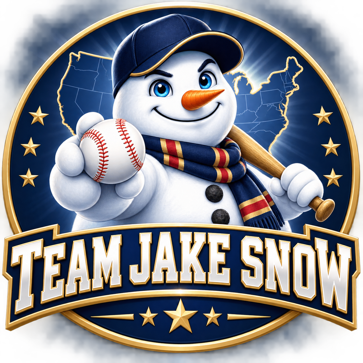 Team Jake Snow — snowman mascot holding a baseball and bat