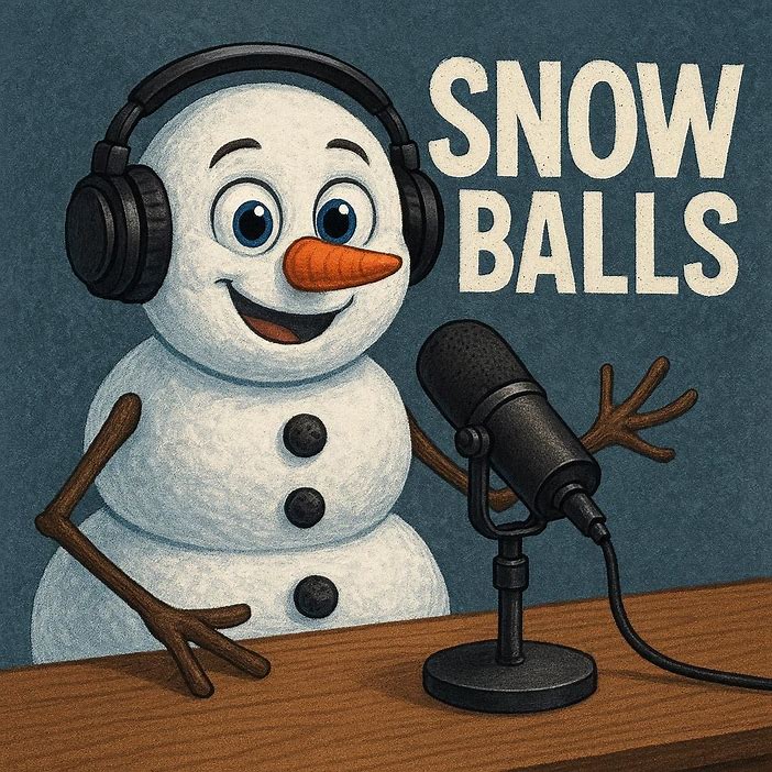 Two men at microphones in a baseball press box — the image behind Snow Balls podcast